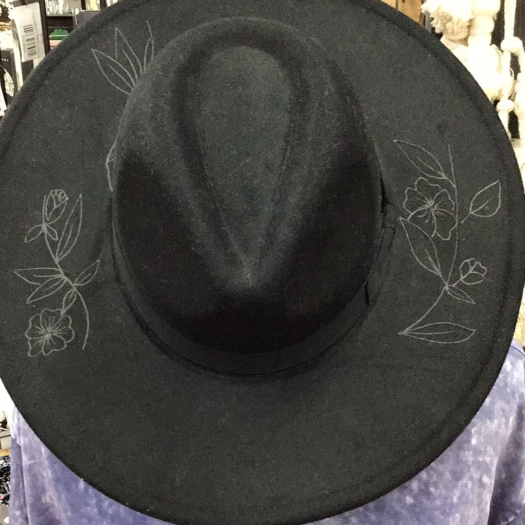 Wildflower & Vines Custom Burned Rancher Hat - Black