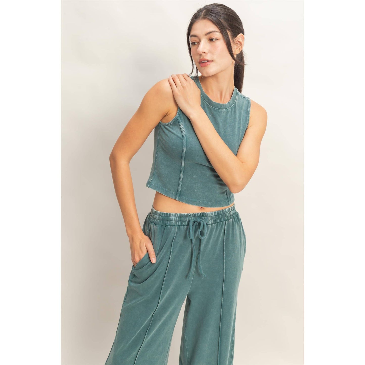 Mineral Washed Sleeveless Top & Wide Leg Pants Set (Sold Separately)