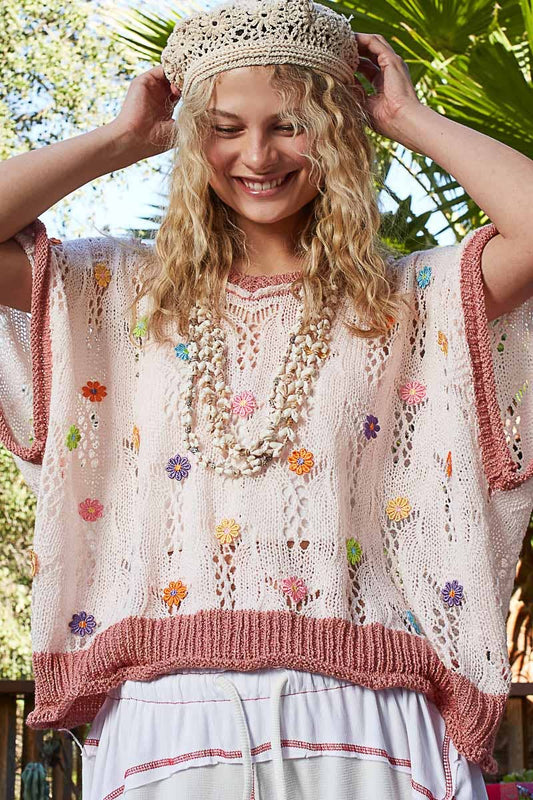 V-neck Sleeveless Flower Thin Sweater Top