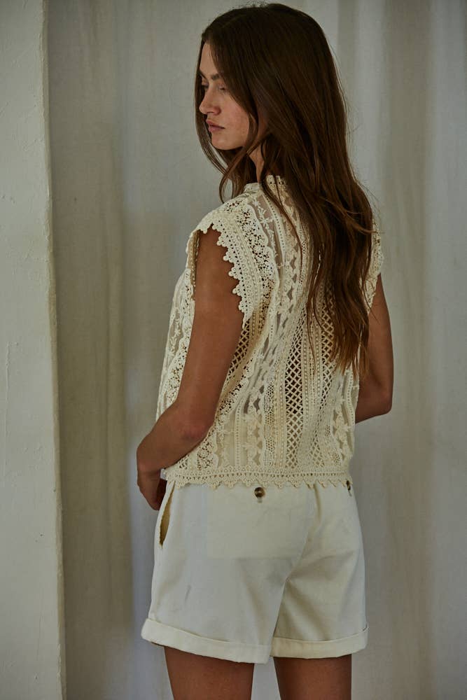 Woven Cotton Lace Button Down Sleeveless Top