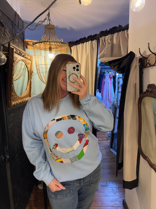 Quilted Smiley Face Sweatshirt - Blue