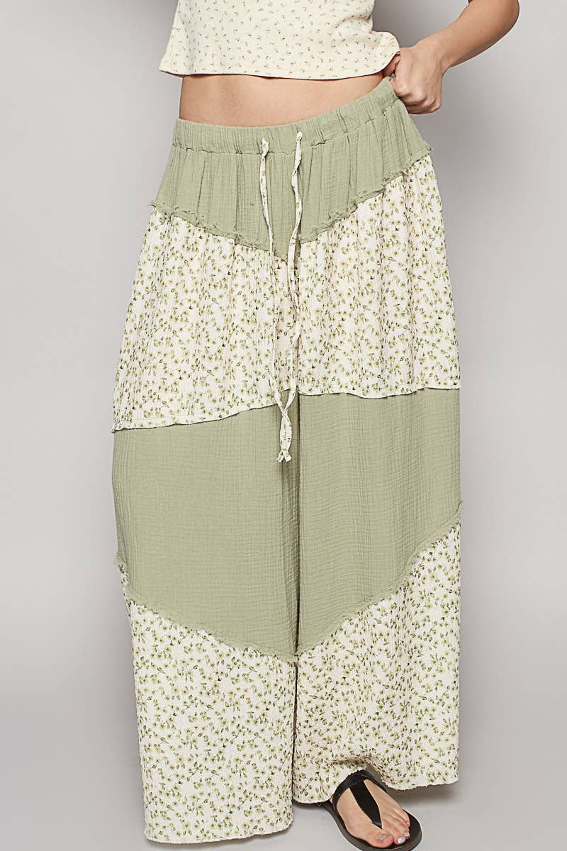 Contrast Floral Double Gauze Woven Pants