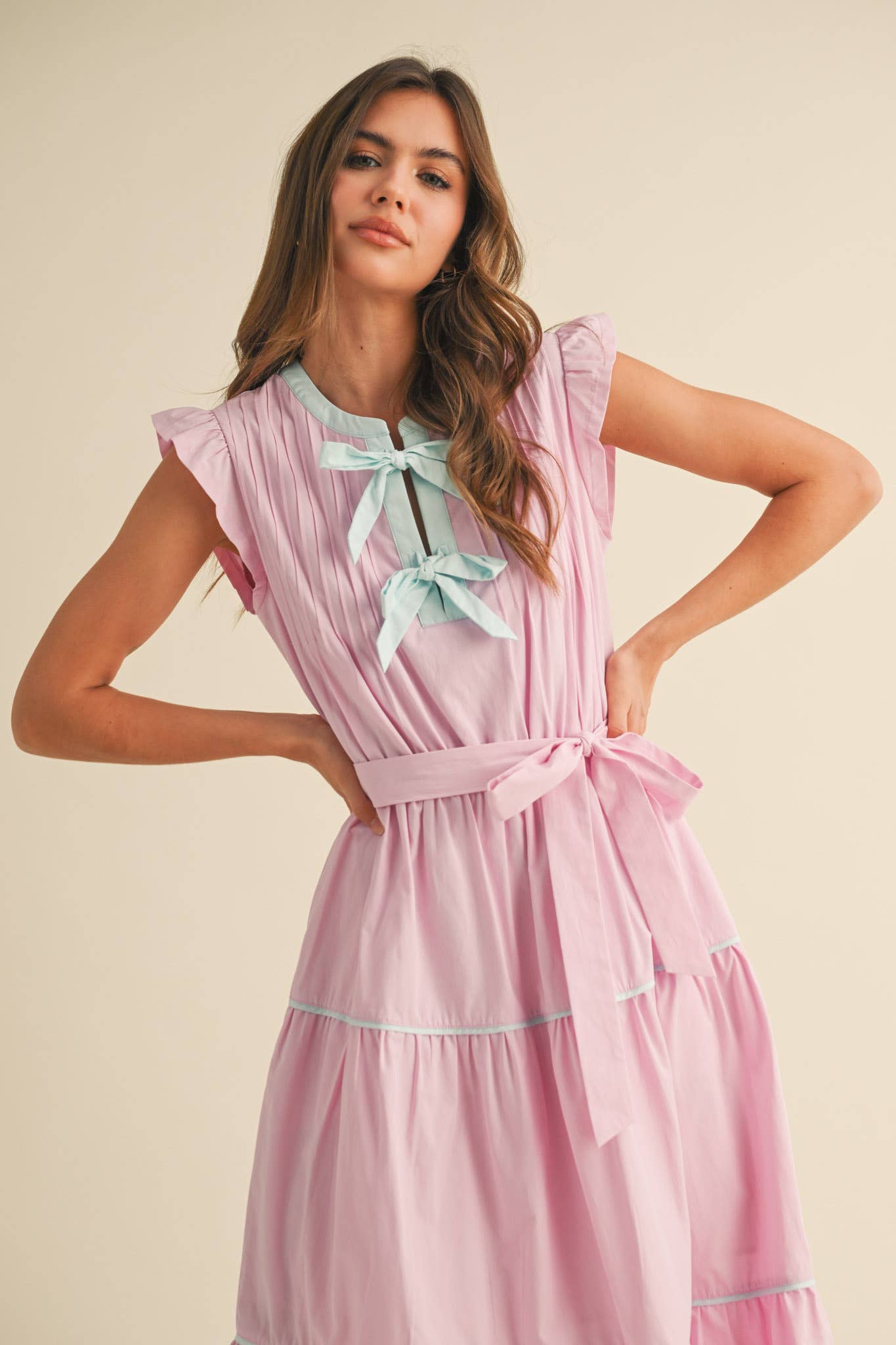 Pin Tuck & Bow Detail Tiered Midi Dress