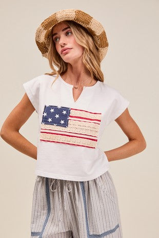 Lace Trimmed American Flag Fourth of July Terry Knit Top - Off White