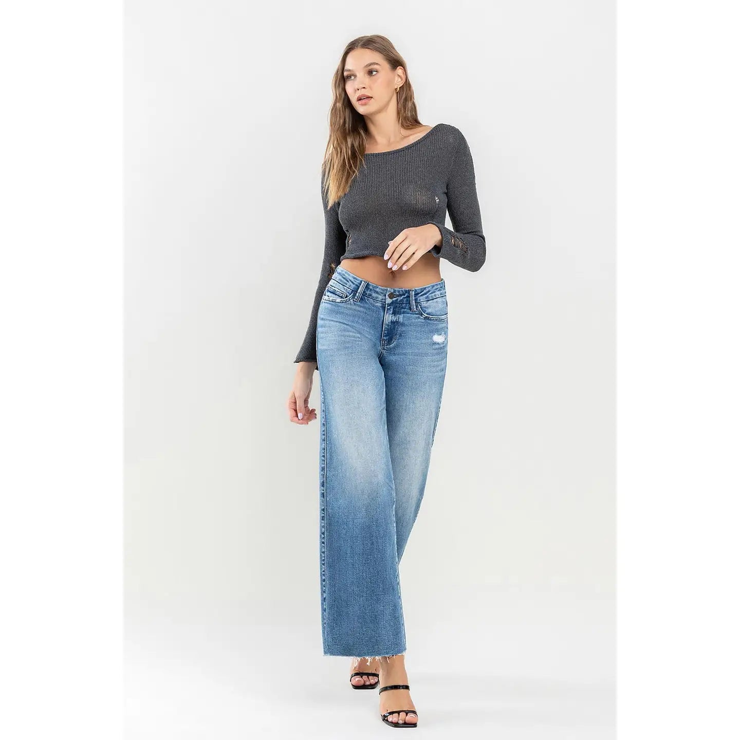 Mid Rise Clean Cut Raw Hem Wide Jeans