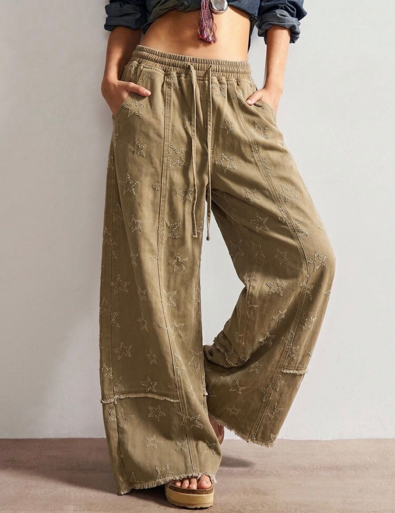 Casual Star Stitched Woven Wide Leg Pants
