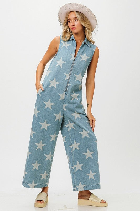 Vintage Star Print Denim Zip Up Overall Jumpsuit