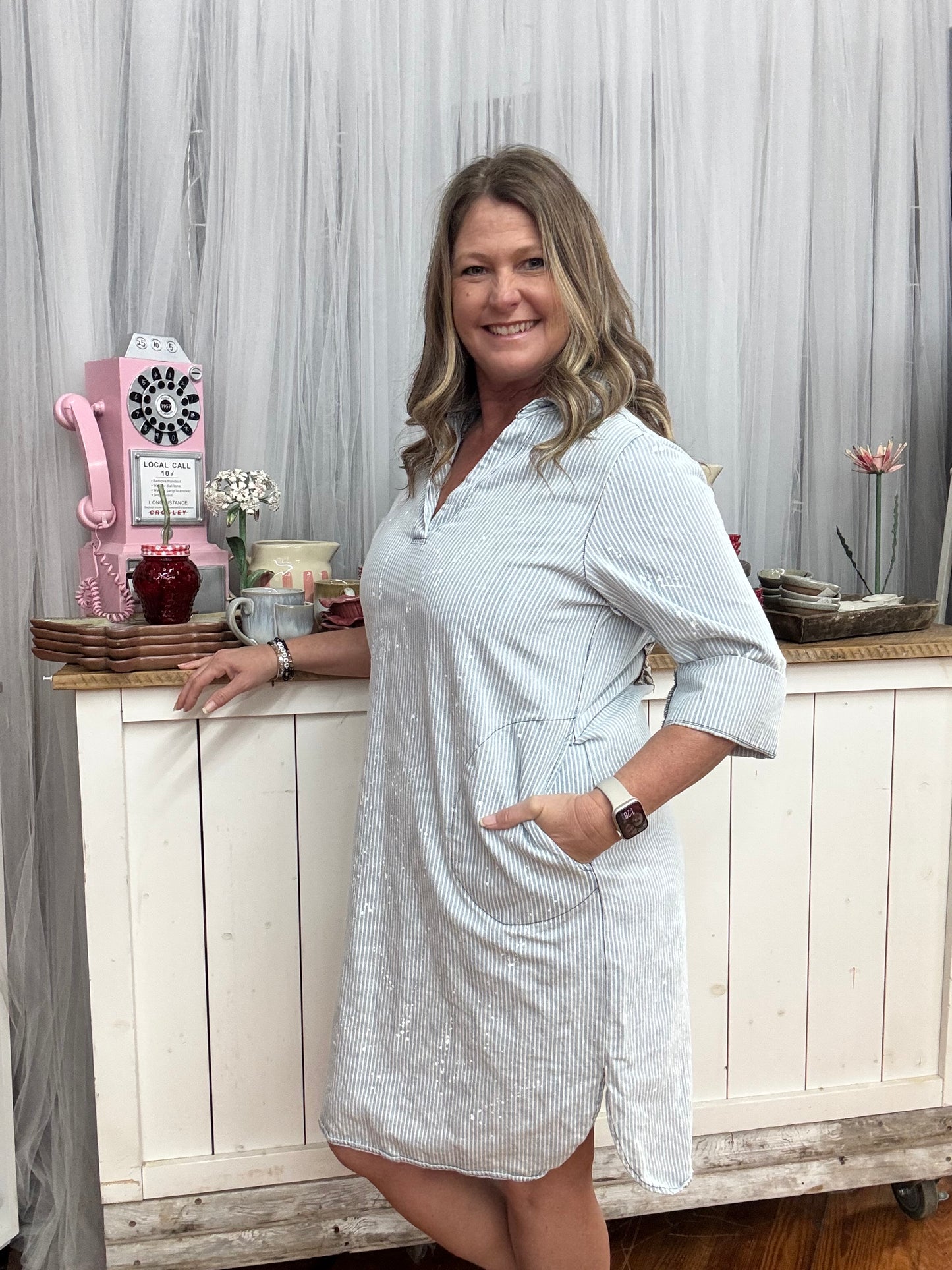 Striped Paint Splatter Denim Dress
