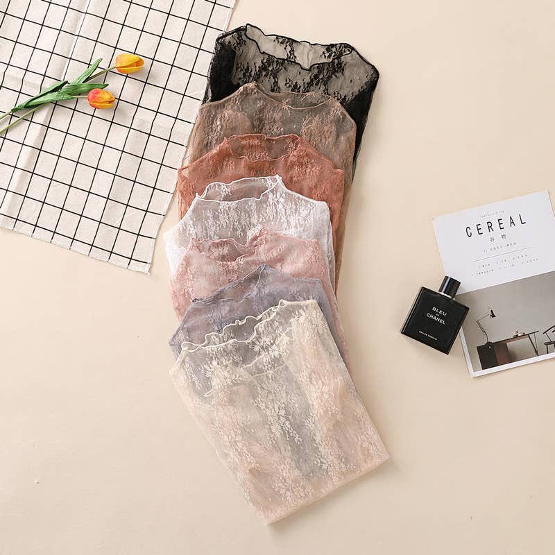 Semi Sheer Mesh Floral Lace Layering See Through Top