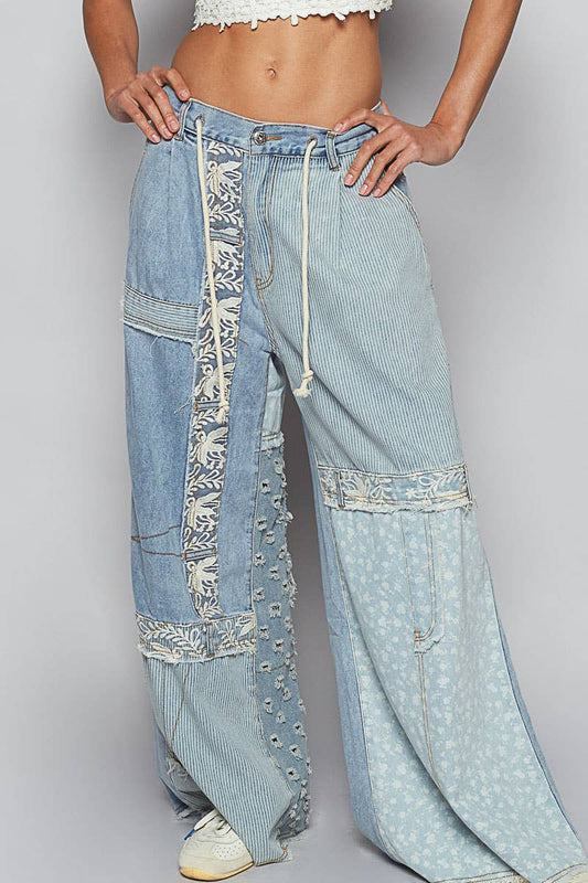 Lace Patch Contrast Denim Woven Pants