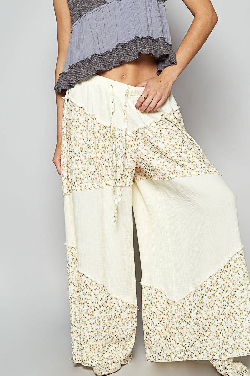 Contrast Floral Double Gauze Woven Pants