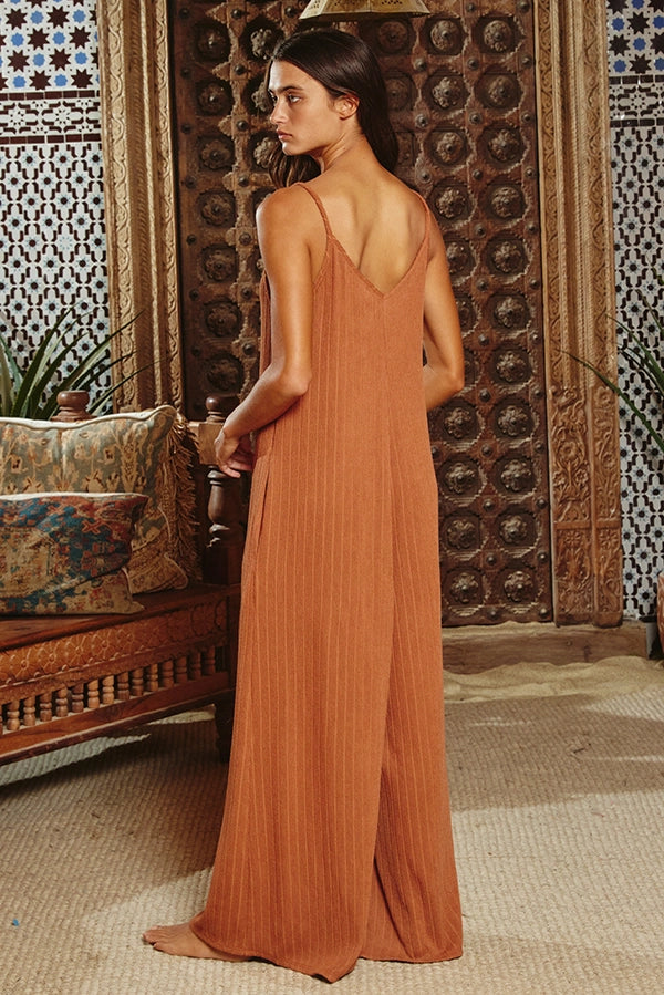 Wide Leg Solid Ribbed Knit Jumpsuit - Rust