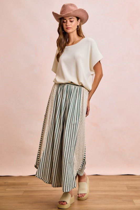 Floral Eyelet Side Elastic Stripes Wide Leg Pants