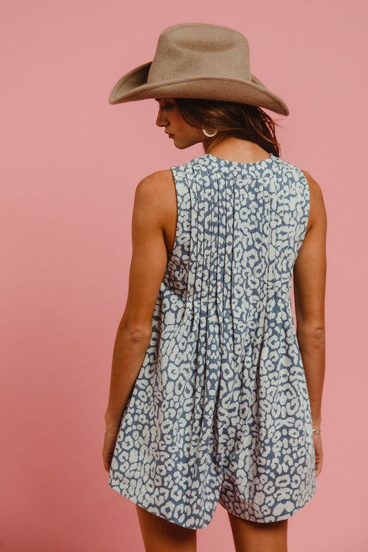 Leopard Pattern Washed Denim Pintuck Romper