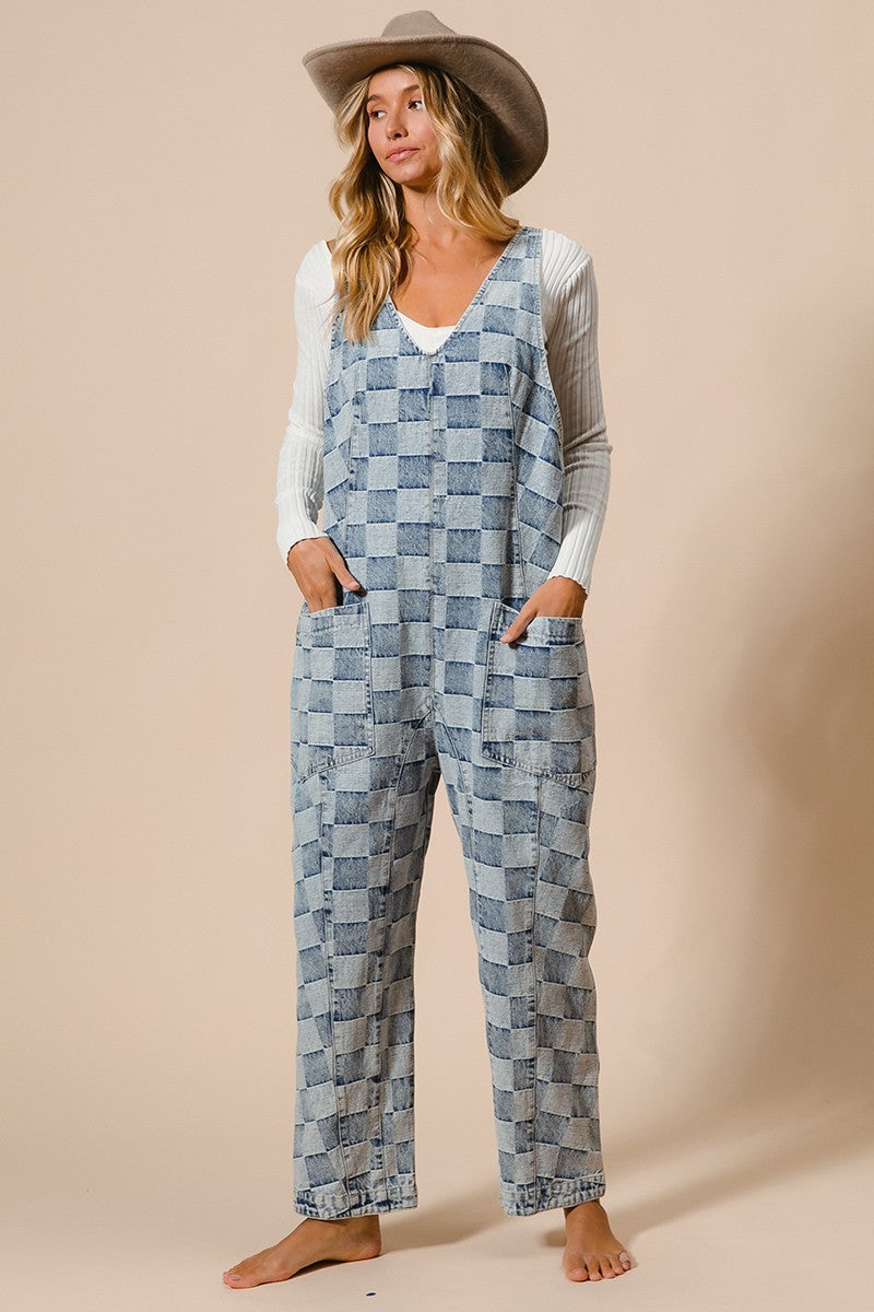 Low Rise Vintage Washed Checker Denim Overalls
