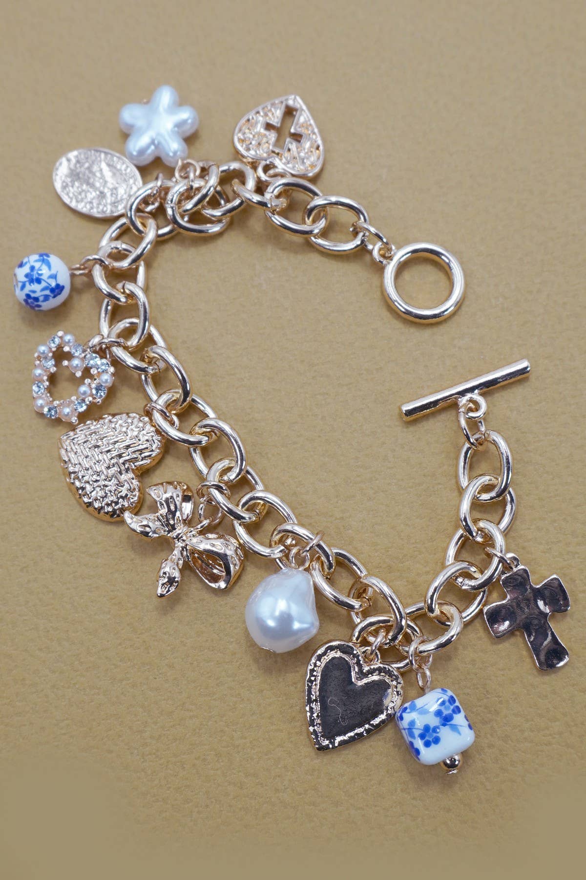 Ceramic Porcelain Heart Bow Pearl Charm Bracelet