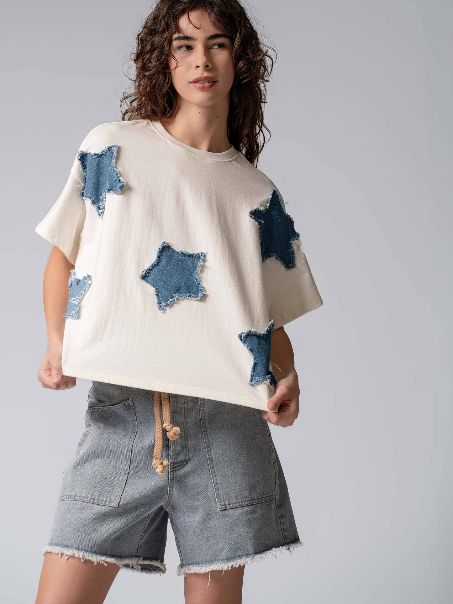 Distressed Denim Star Appliqué Tee