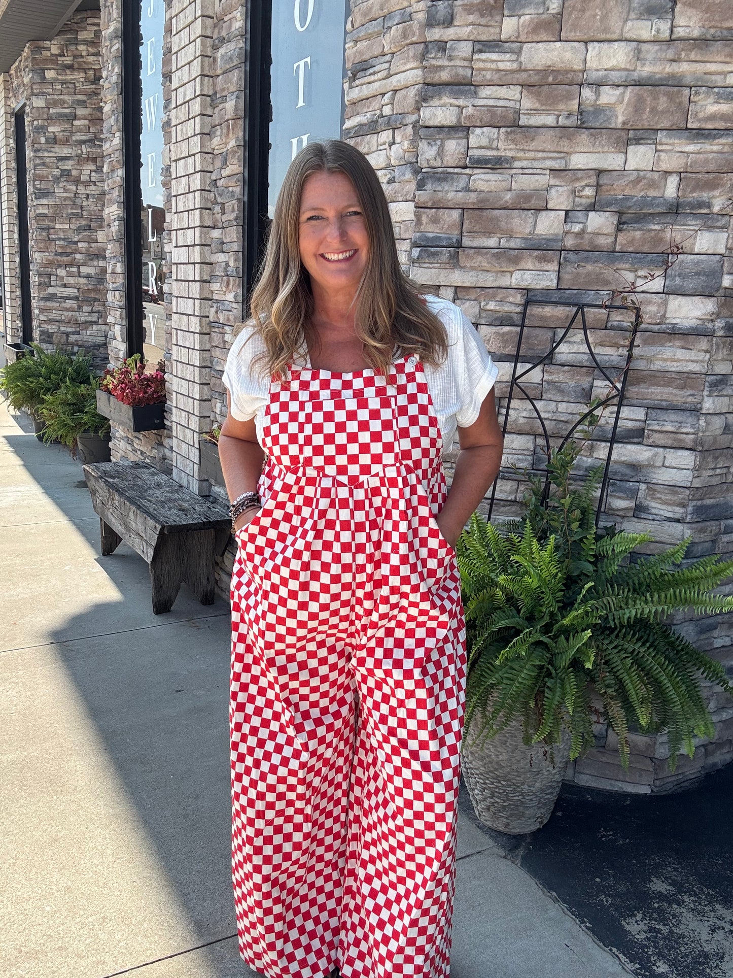 Gameday Theme Plaid Printed Overall With Pleats - Red
