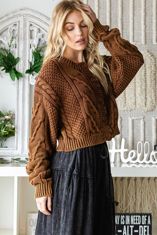 Washed Sweater Cardigan - Brown