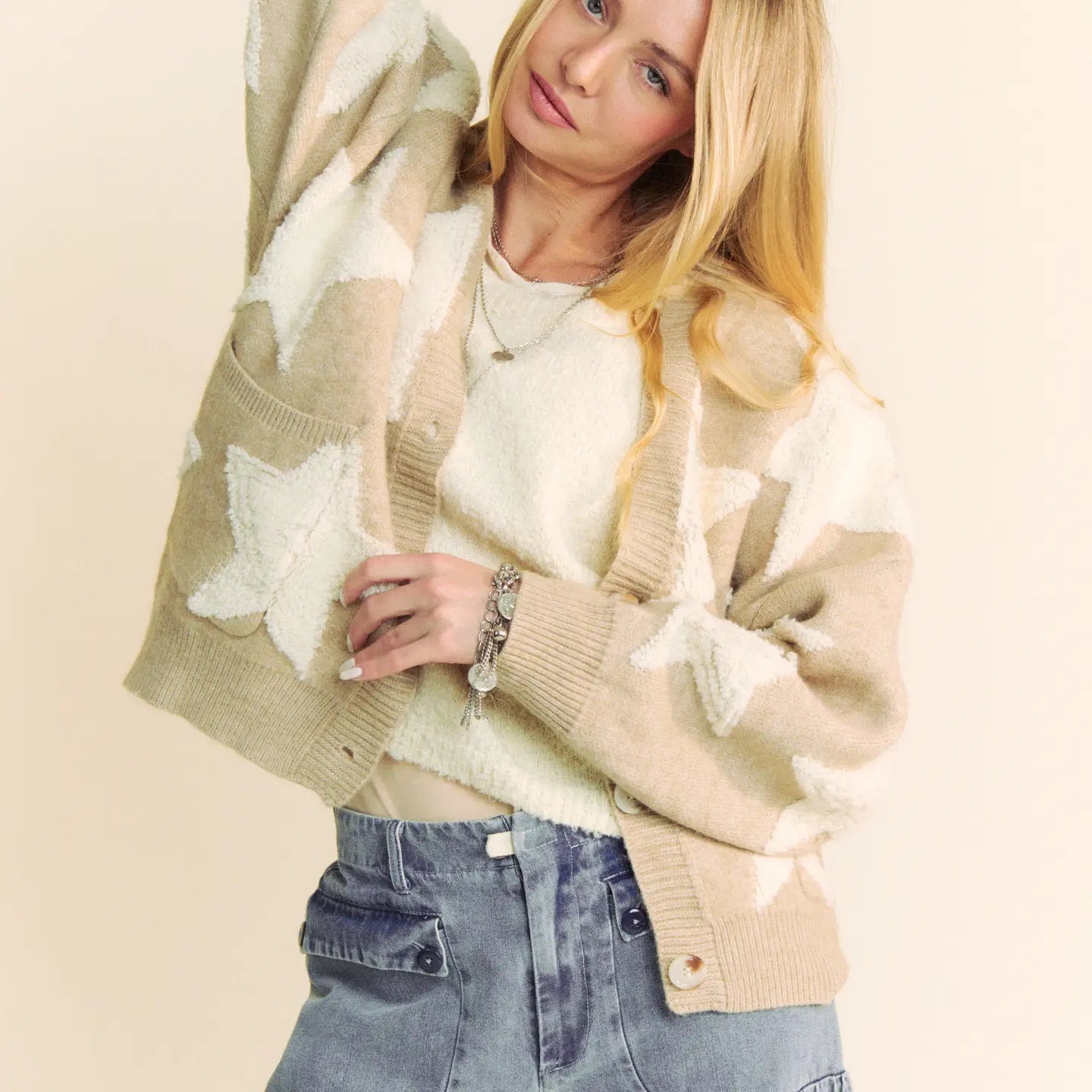 Curvy Girl Star Loose Fit Button Down Cardigan