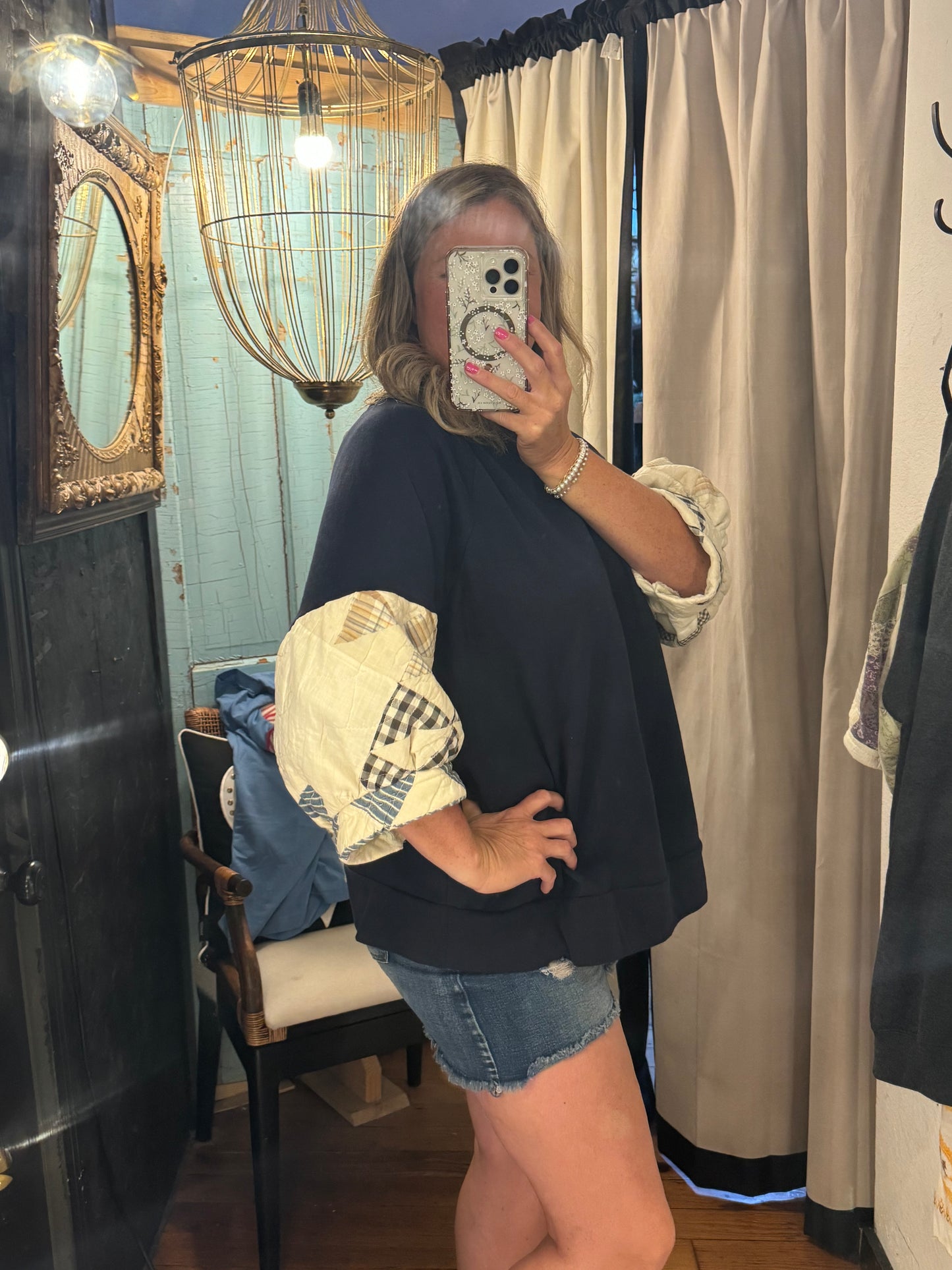 Quilted 3/4 Sleeve Sweatshirt - Navy