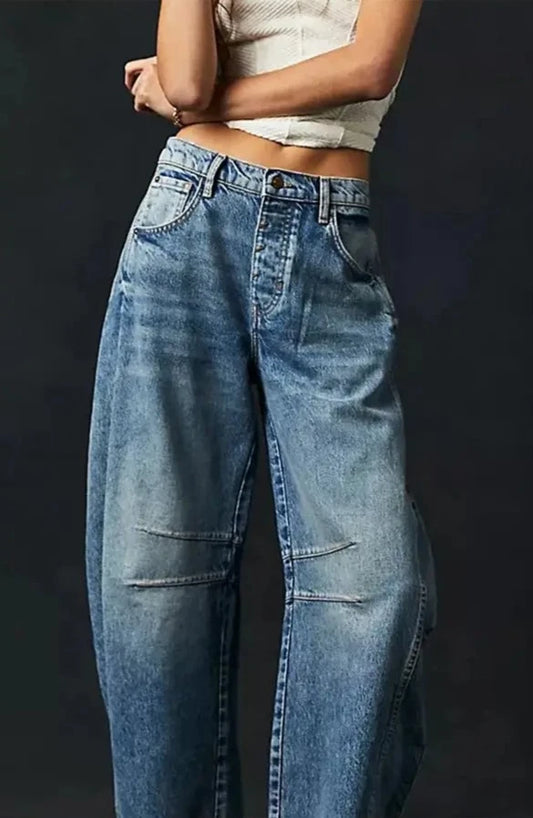 Casual Wide Leg Washed Denim - Blue