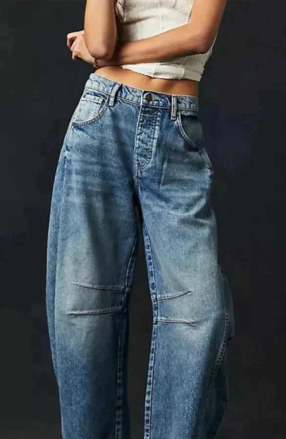 Curvy Girl Casual Wide Leg Washed Denim - Blue