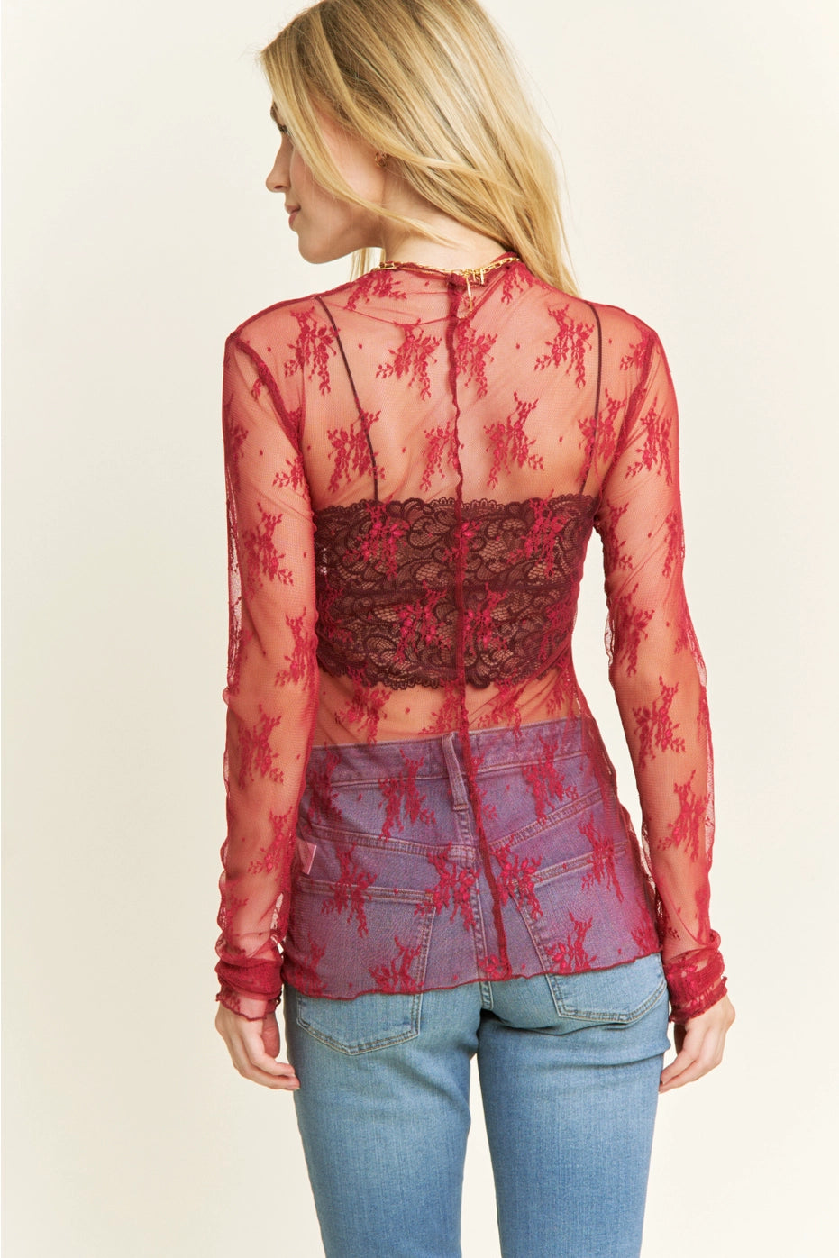 Mesh Lace High Neck Long Sleeve - Red