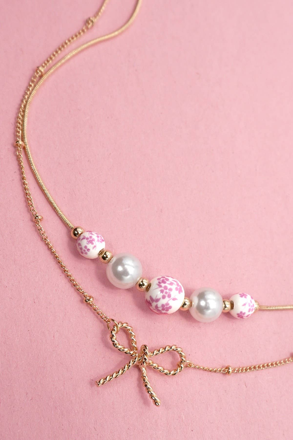 Pink Ceramic Porcelain Pearl Bow Layered Necklace