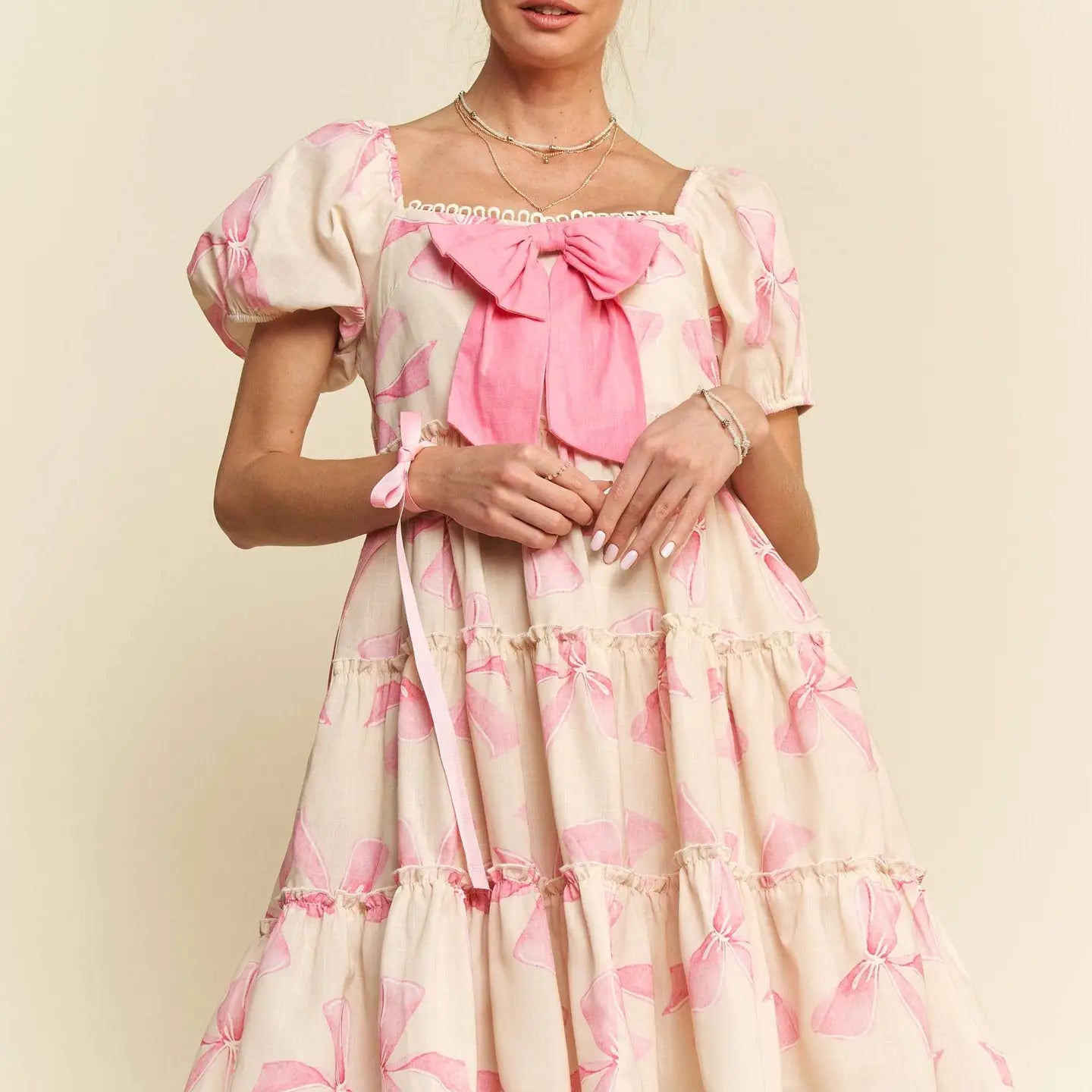 Bow Printed Puff Smocking Back Tiered Dress - Pink