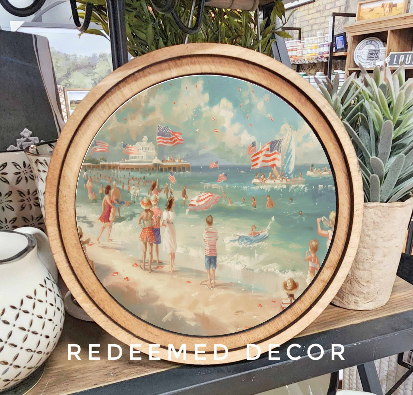 8" Round Patriotic Beach Scene Art