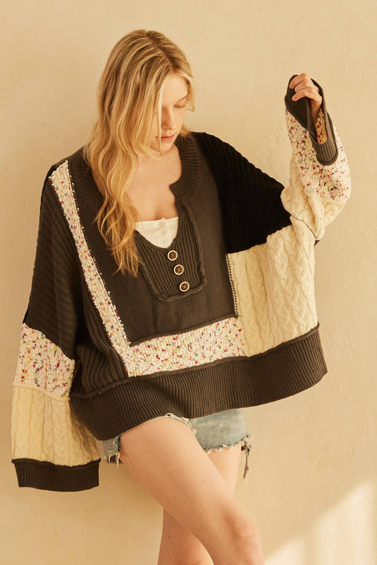 Multi Fabric Color Block Lace Sweater