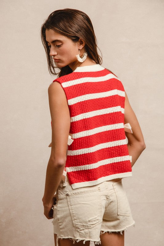 Textured Stripe Side Tie Vest Top - Red