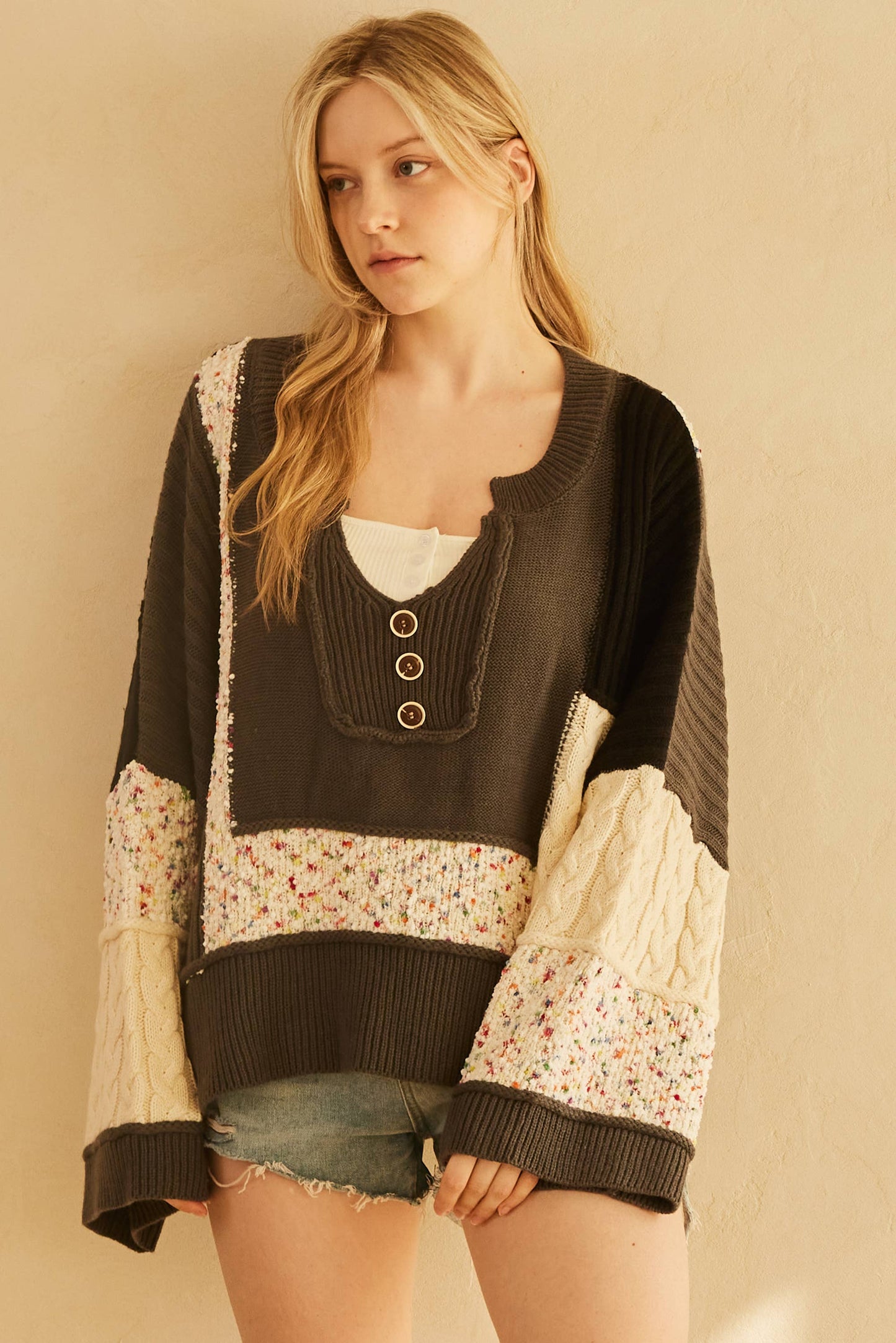 Multi Fabric Color Block Lace Sweater