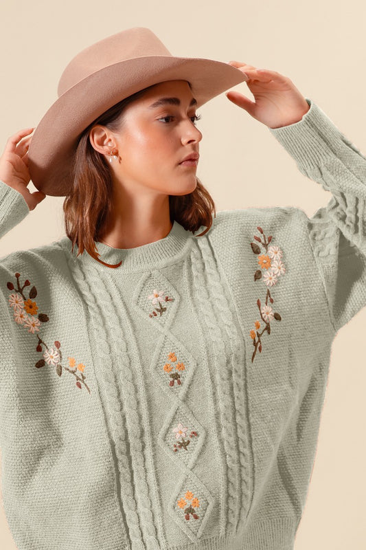 Embroidered Flower Cable Knitted Sweater Top