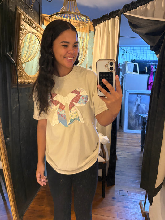 Vintage Quilt Bow Tee- Tan