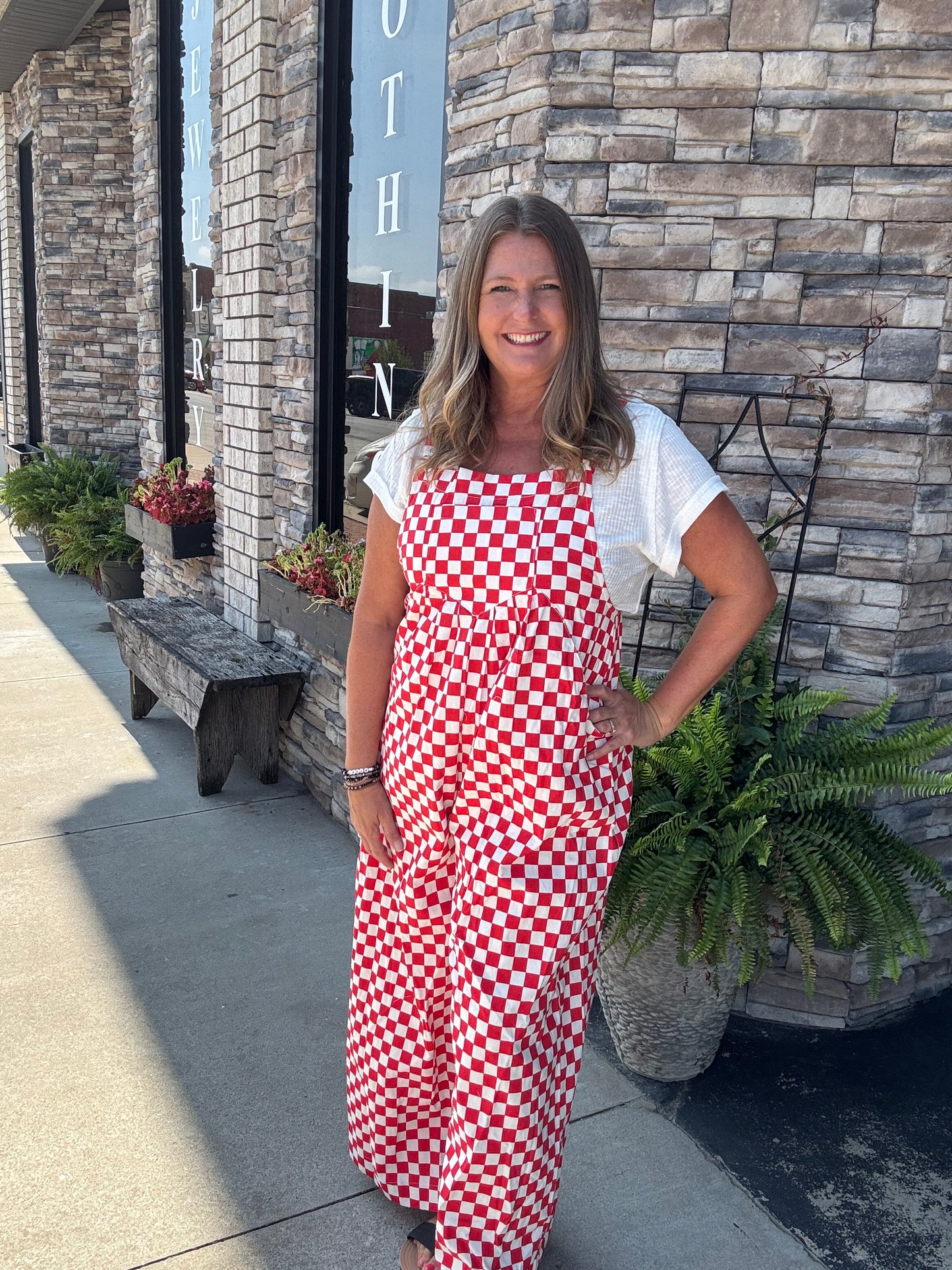 Gameday Theme Plaid Printed Overall With Pleats - Red