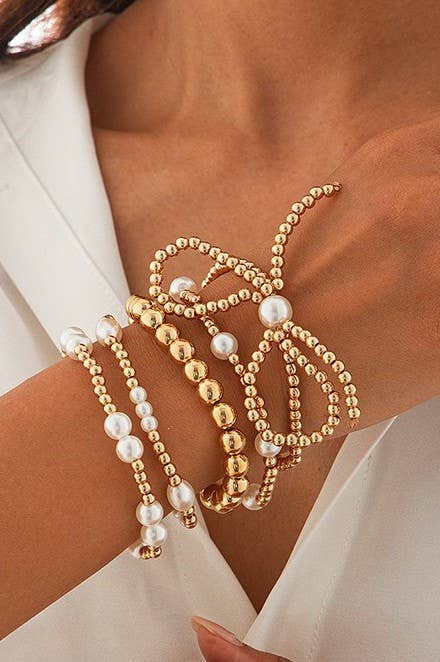 Multi Layer Ball Chain Bead Pearl Bow Bracelet Stack