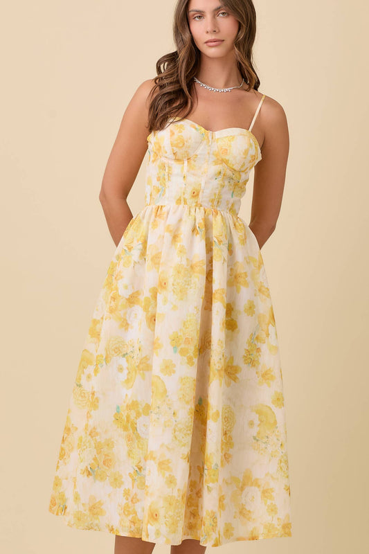 Bustier Corset Midi Floral Printed Dress
