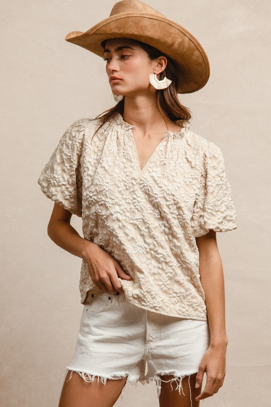 Floral Pattern Textured Short Balloon Sleeve Top - Oatmeal