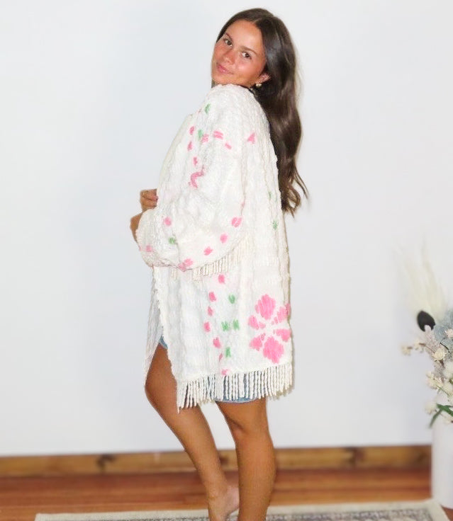 Vintage White Chenille Jacket with Fringe