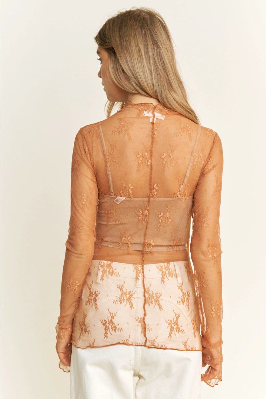 Mesh Lace High Neck Long Sleeve - Caramel