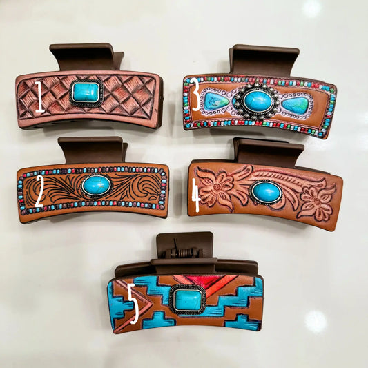 Western Faux Embossed Leather Hair Clip Turquoise Stone