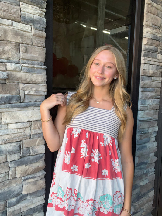 Pin Stripe Floral Tablecloth Sleeveless Top