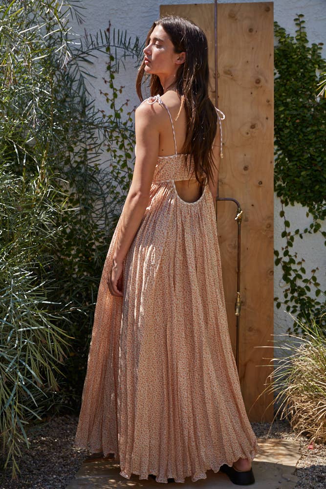 Floral Print Open Back Pleated Maxi Dress