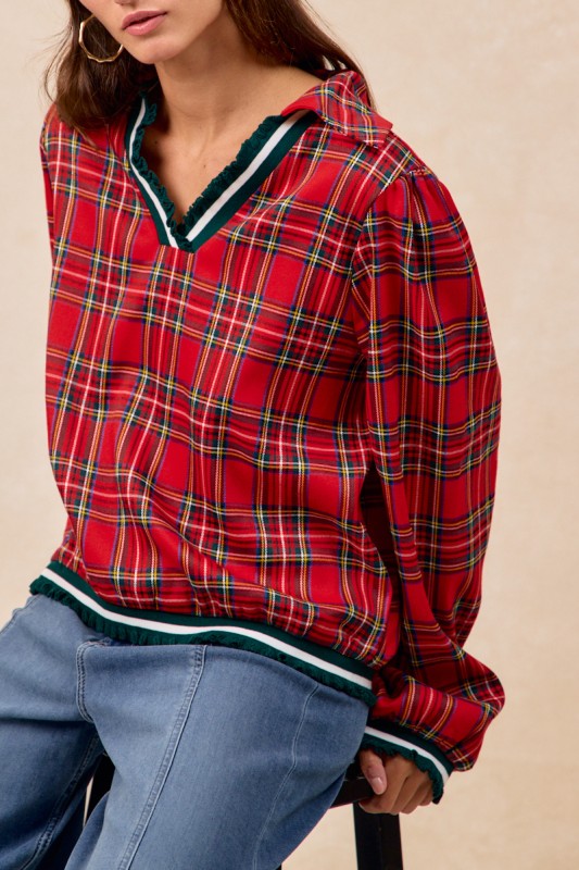 Christmas Plaid V Neck Collared Top with Ruffle - Red