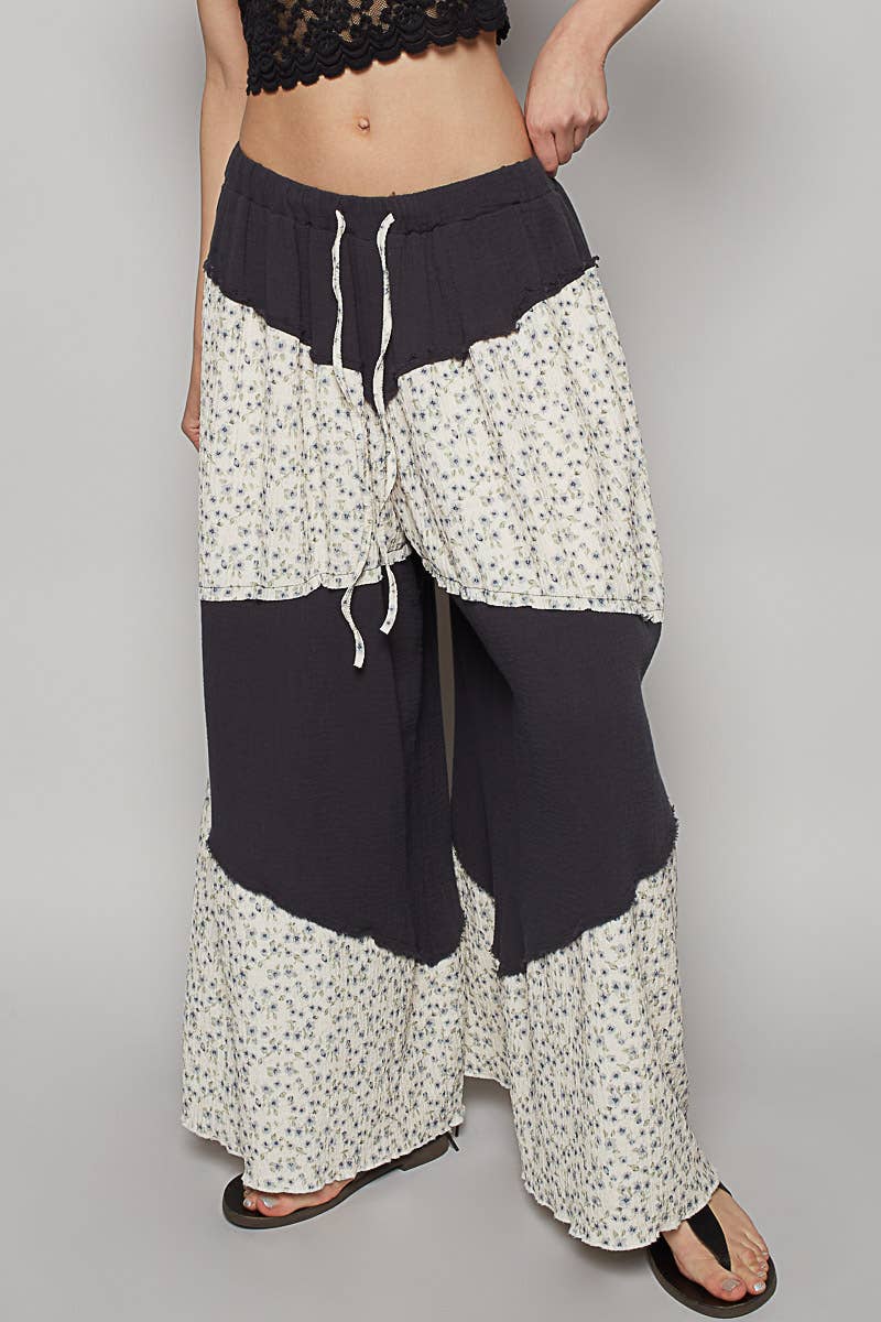 Contrast Floral Double Gauze Woven Pants