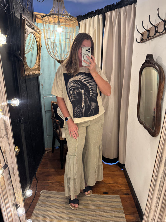 Mineral Wash Tiered Pants - Olive