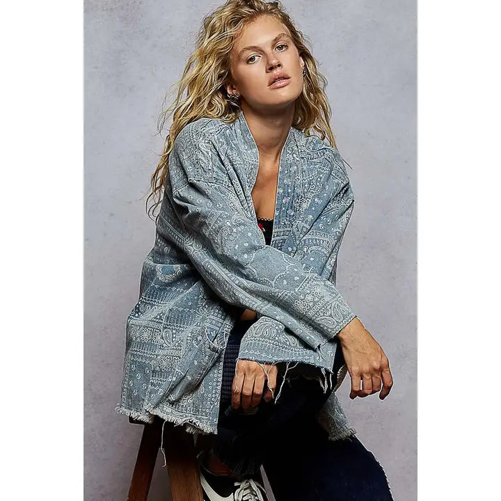 Vintage Washing Denim Print Woven Cardigan