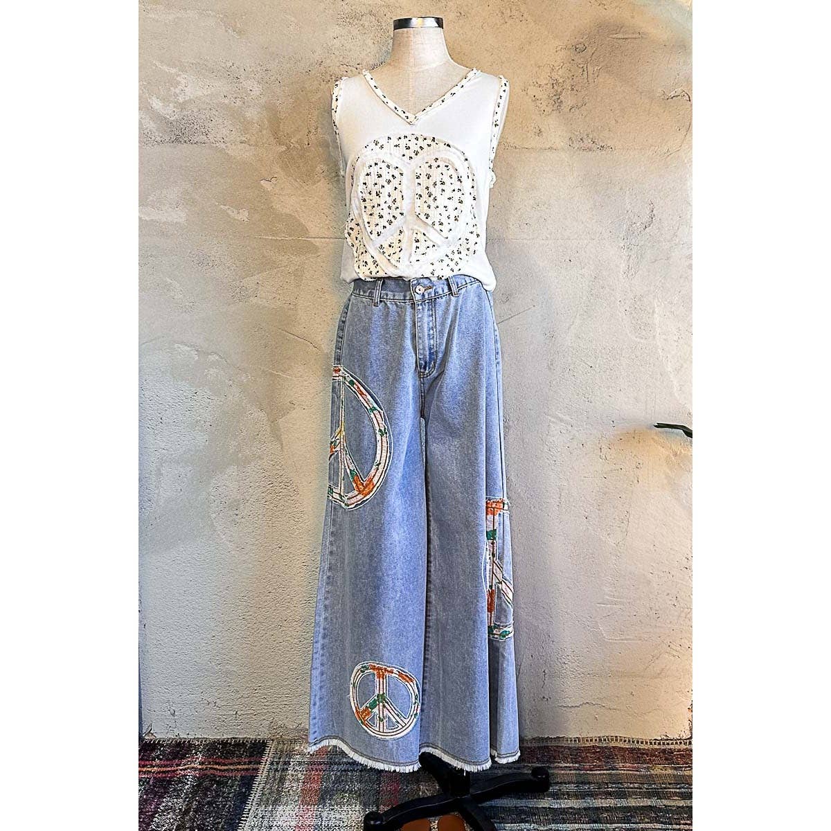 Peace Patch Wide Pants with Elastic Band